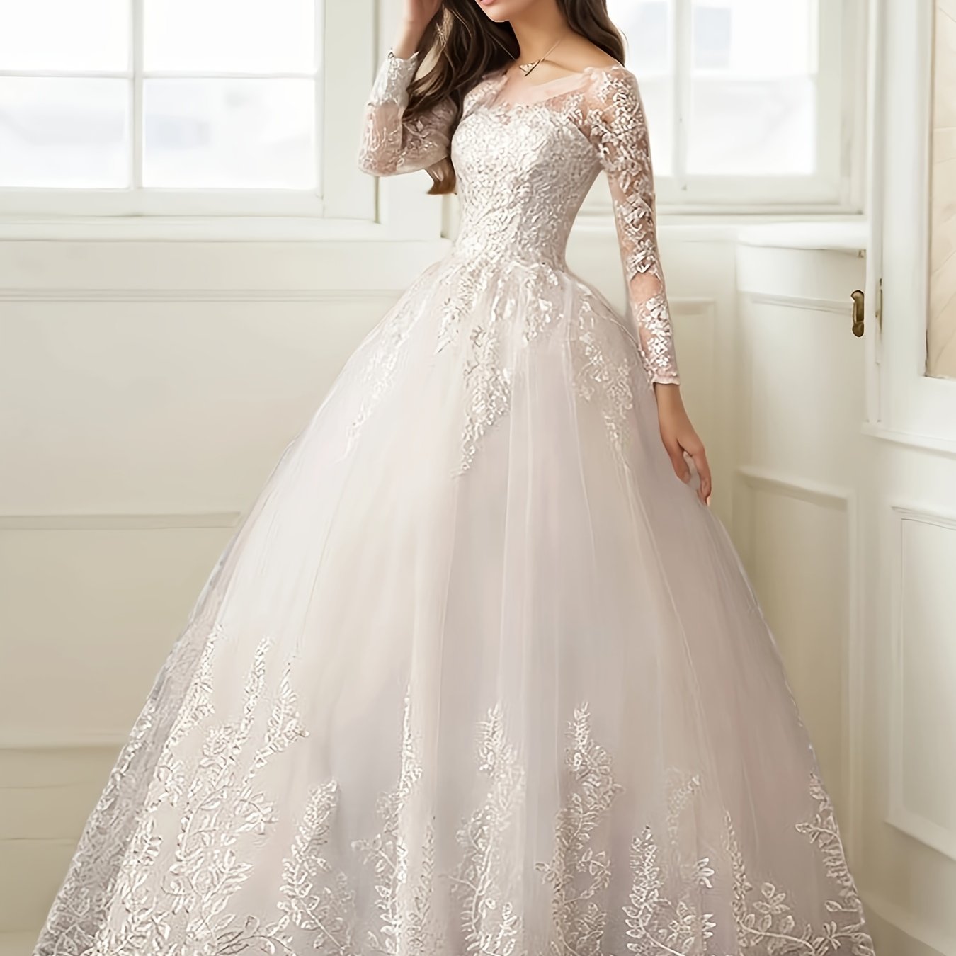 Elegant Off-Shoulder A-Line Wedding Dress with Lace Embroidery, Long Sleeve Floor-Length Bridal Gown for Women, Perfect for Weddings and Formal Events, Party Attire | Offshoulder Design | Glossy Texture