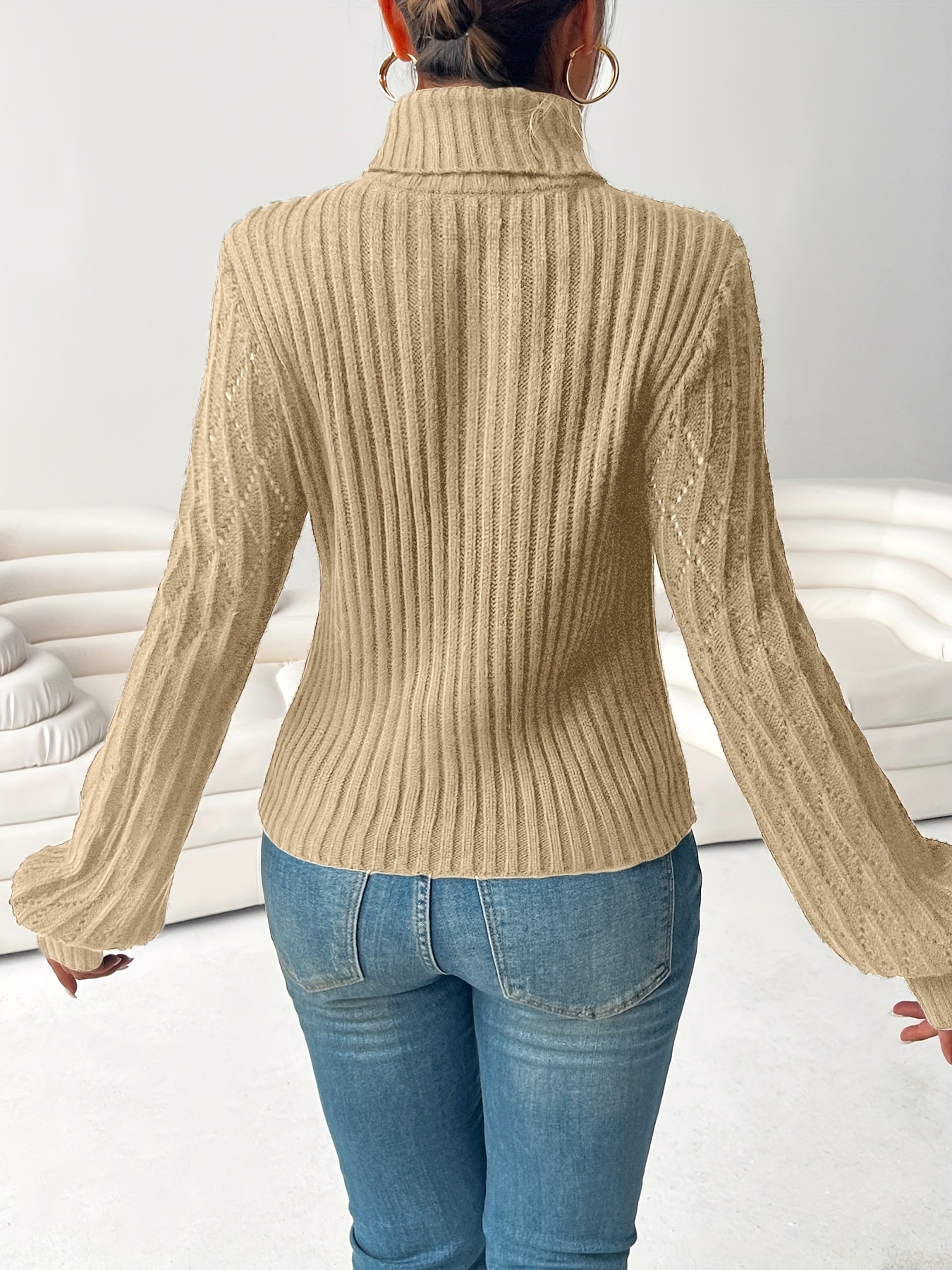 Cut Out Turtle Neck Textured Slim Sweater - Casual Long Lantern Sleeve - Soft & Cozy Fabric - For Fall & Winter - Women's Clothing - Perfect Gift for Fashionable Women