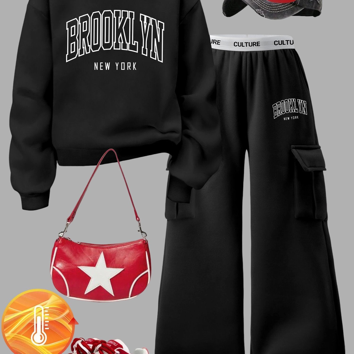 Women's Brooklyn New York Letter Print Sweatshirt Set - Casual Gray Long Sleeve Crewneck & Black Cargo Pants with Pockets, Polyester Blend, Perfect for Fall/Winter