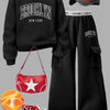 Women's Brooklyn New York Letter Print Sweatshirt Set - Casual Gray Long Sleeve Crewneck & Black Cargo Pants with Pockets, Polyester Blend, Perfect for Fall/Winter