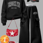 Women's Brooklyn New York Letter Print Sweatshirt Set - Casual Gray Long Sleeve Crewneck & Black Cargo Pants with Pockets, Polyester Blend, Perfect for Fall/Winter