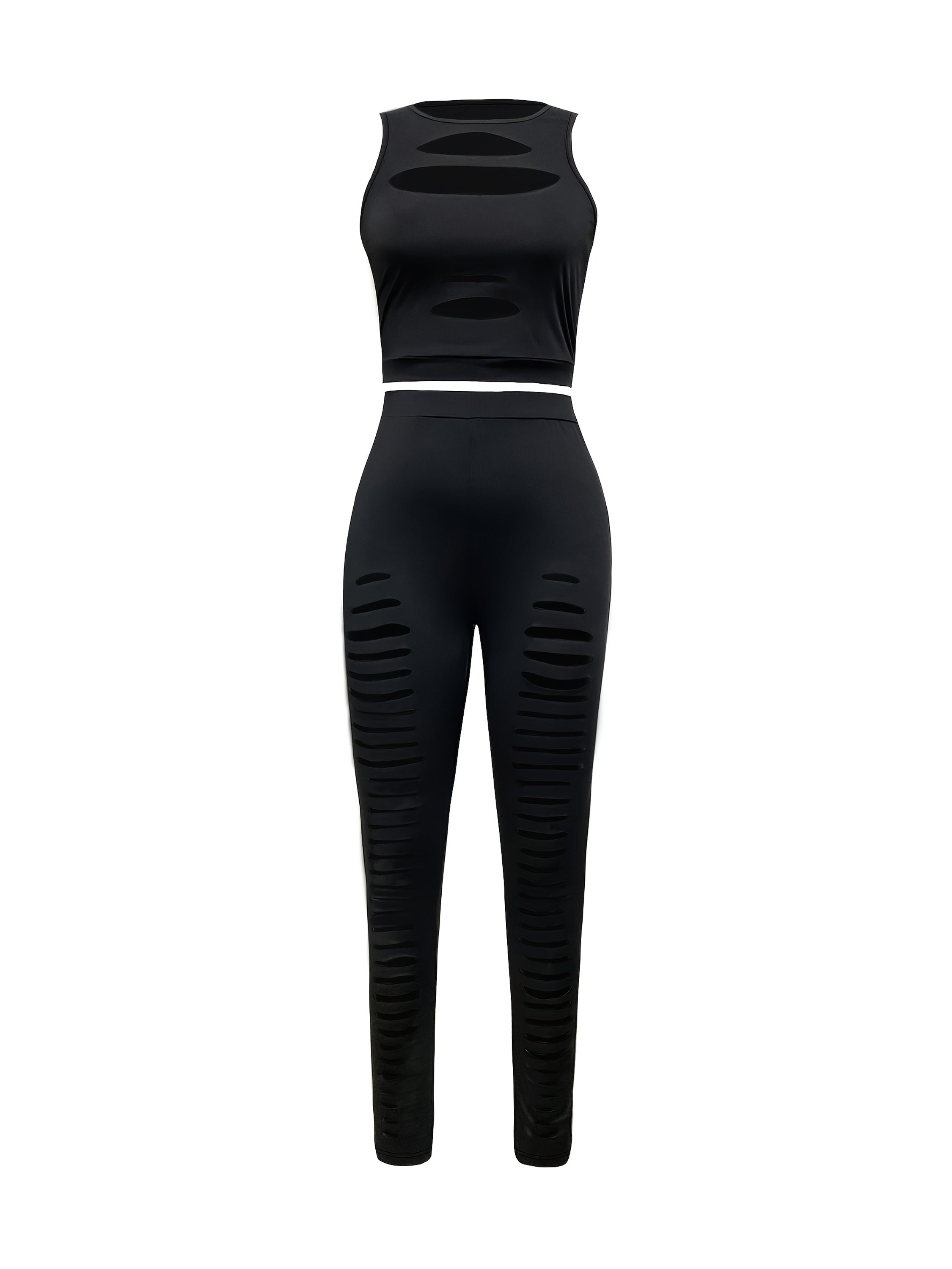 New Summer Women'S Fashion Sexy Solid Color Frontal Hollow Out Tank Top with Skinny Ripped Yoga Pants Set