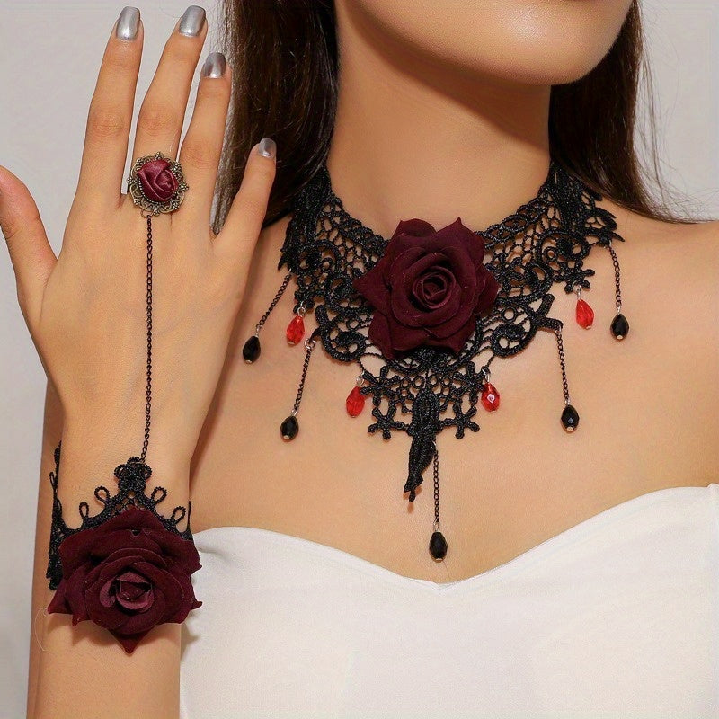 Gothic Lace Choker and Ring Bracelet Set, 2pcs Black Rose Handmade Vintage Necklace Bracelet Combo for Women, Elegant Polyester Fiber Costume Jewelry for Halloween, Parties, and Cosplay Events