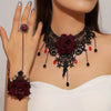 Gothic Lace Choker and Ring Bracelet Set, 2pcs Black Rose Handmade Vintage Necklace Bracelet Combo for Women, Elegant Polyester Fiber Costume Jewelry for Halloween, Parties, and Cosplay Events