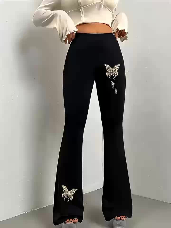 Women's High-Waist Butterfly Print Flare Pants - Stretchy & Comfortable Polyester/Spandex Blend, Machine Washable, All-Season Casual Bell Bottoms with Smooth Fabric Texture, Butterfly Pants
