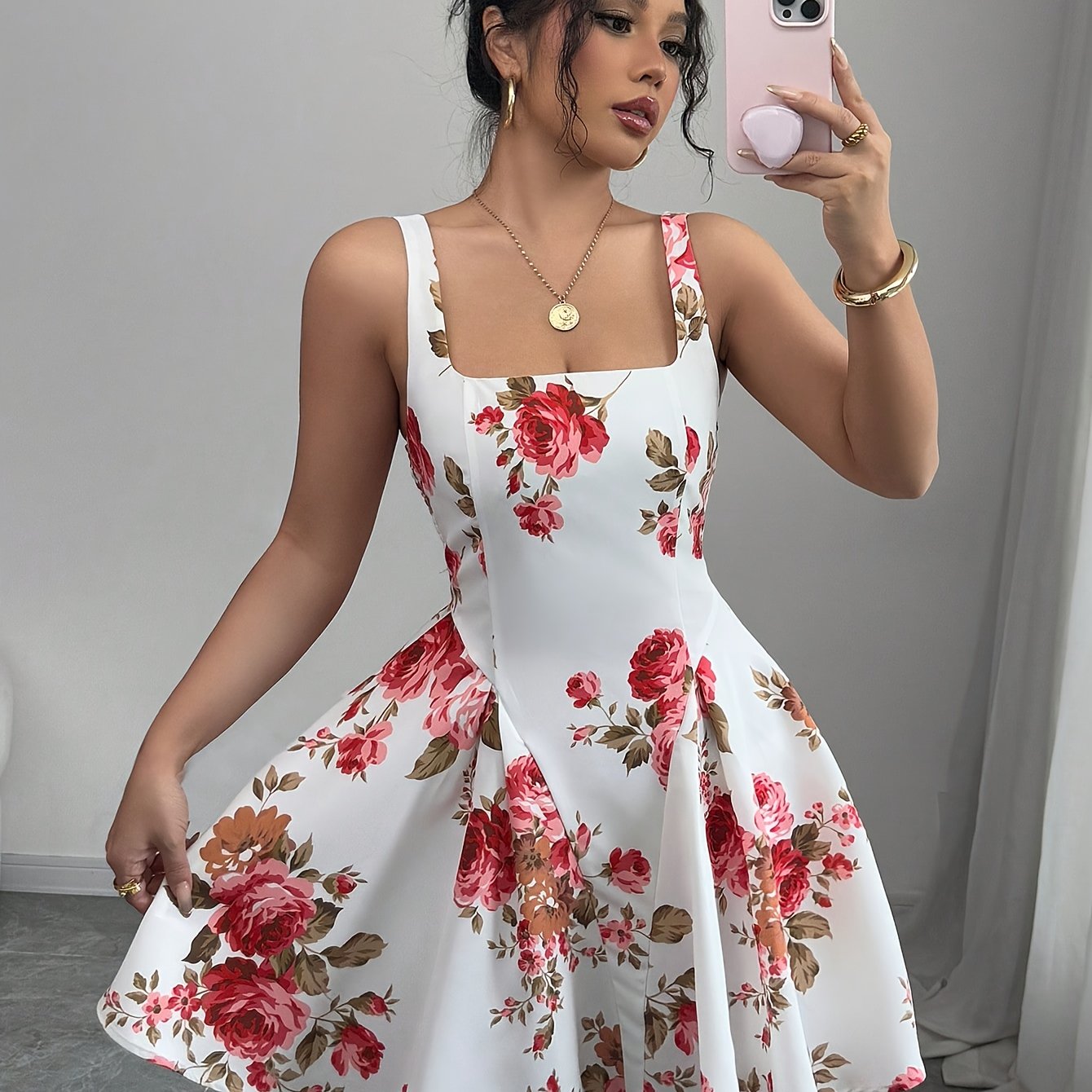 Elegant Floral Print Sleeveless A-Line Dress for Women - Lightweight Polyester Summer Dress with Square Neckline, Machine Washable, Perfect for Spring and Summer Outings, Spring Summer Dress | Summer Elegance Wear | Glossy Te