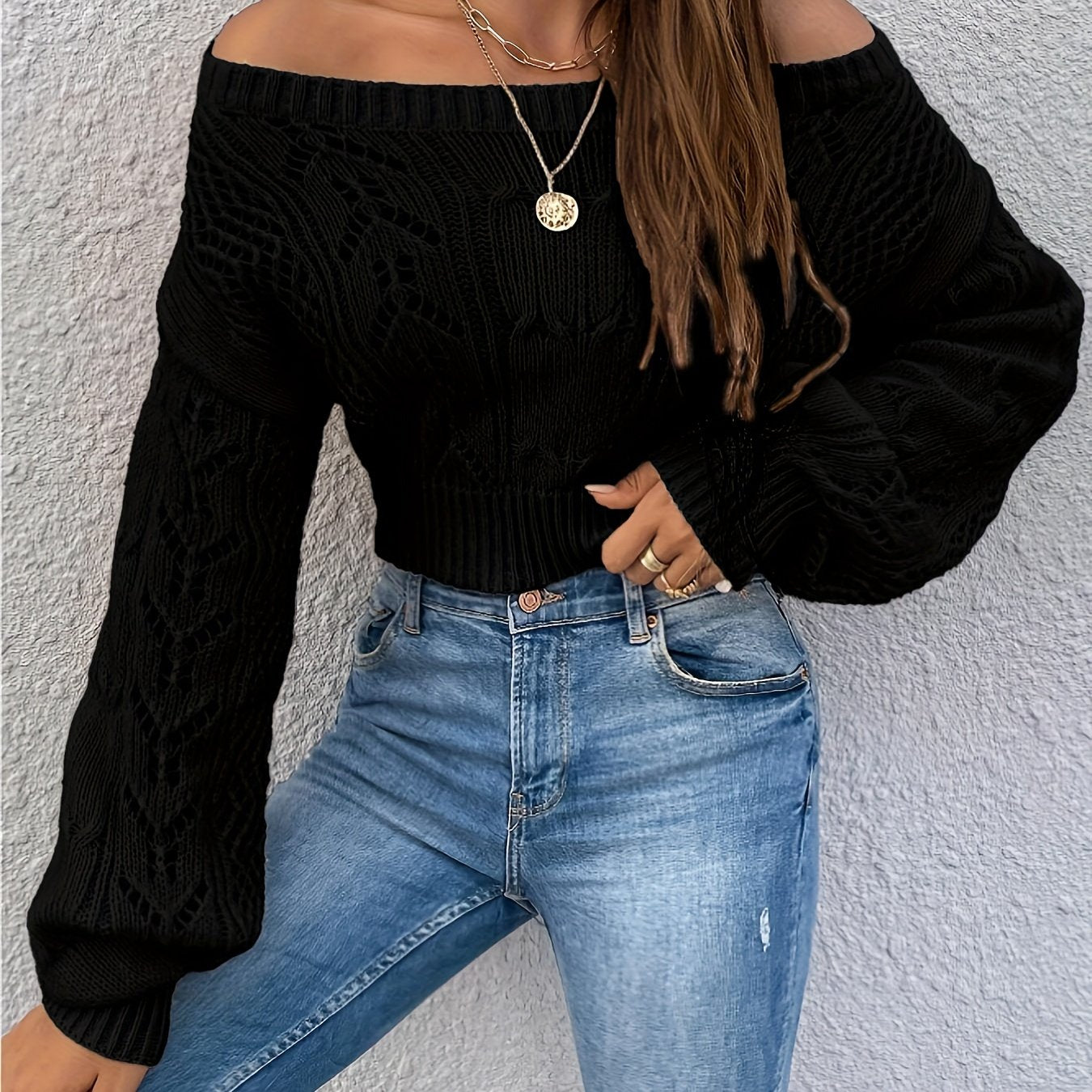 [Off-shoulder Pointelle Knit Sweater] Pointelle Knit Off-shoulder Crop Sweater, Casual Long Sleeve Sweater For Spring & Fall, Women's Clothing