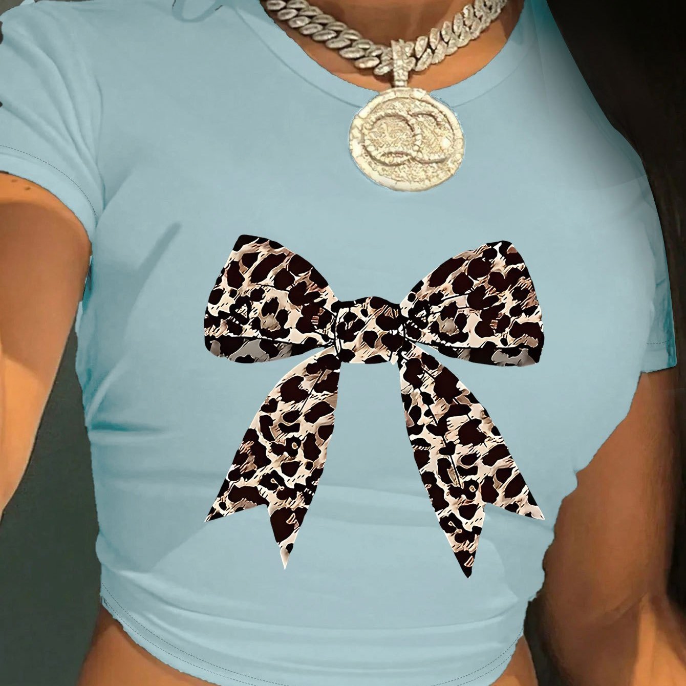 Women's Y2K Leopard Bow Print Cropped T-Shirt - Light Blue Soft Fabric, Machine Washable, Versatile Casual & Evening Wear, Style Statement Top | Elegant Design | Comfortable Fit, Leopard Print Shirt