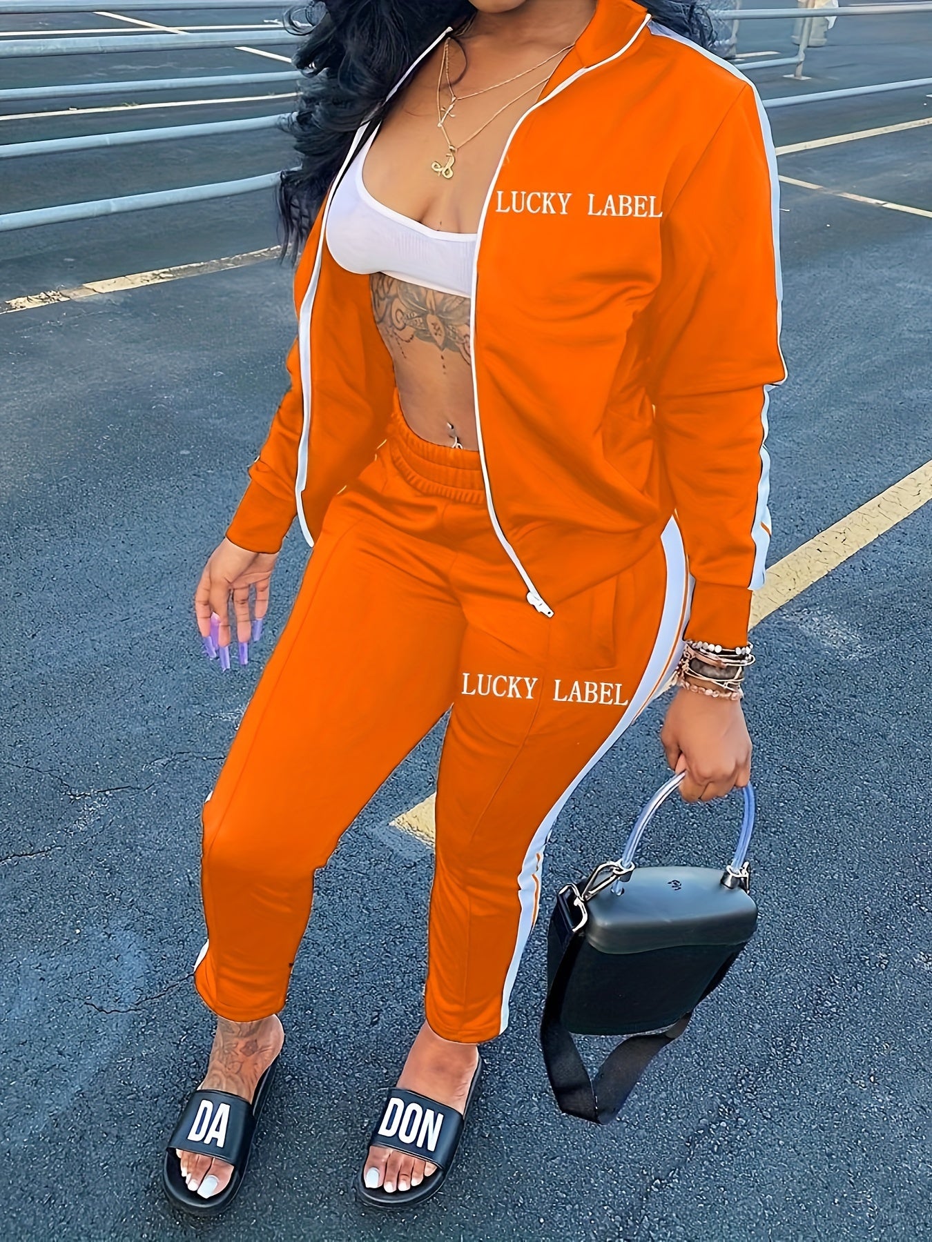 Women's Letter Pattern Striped Two-piece Set, Zip Up Long Sleeve Tops & Elastic Waist Pants Outfits - Casual Style - For Women - Perfect for Daily Wear, Parties & Going Out