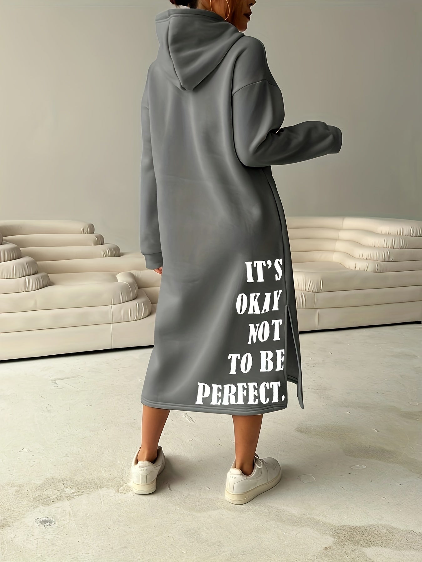 Cozy Letter Print Drawstring Hooded Sweatshirt Dress - Women's Casual Long Sleeve Loose Fit Clothing for Fall & Winter, Soft and Warm Fleece Lined Dress with Adjustable Drawstring Waist