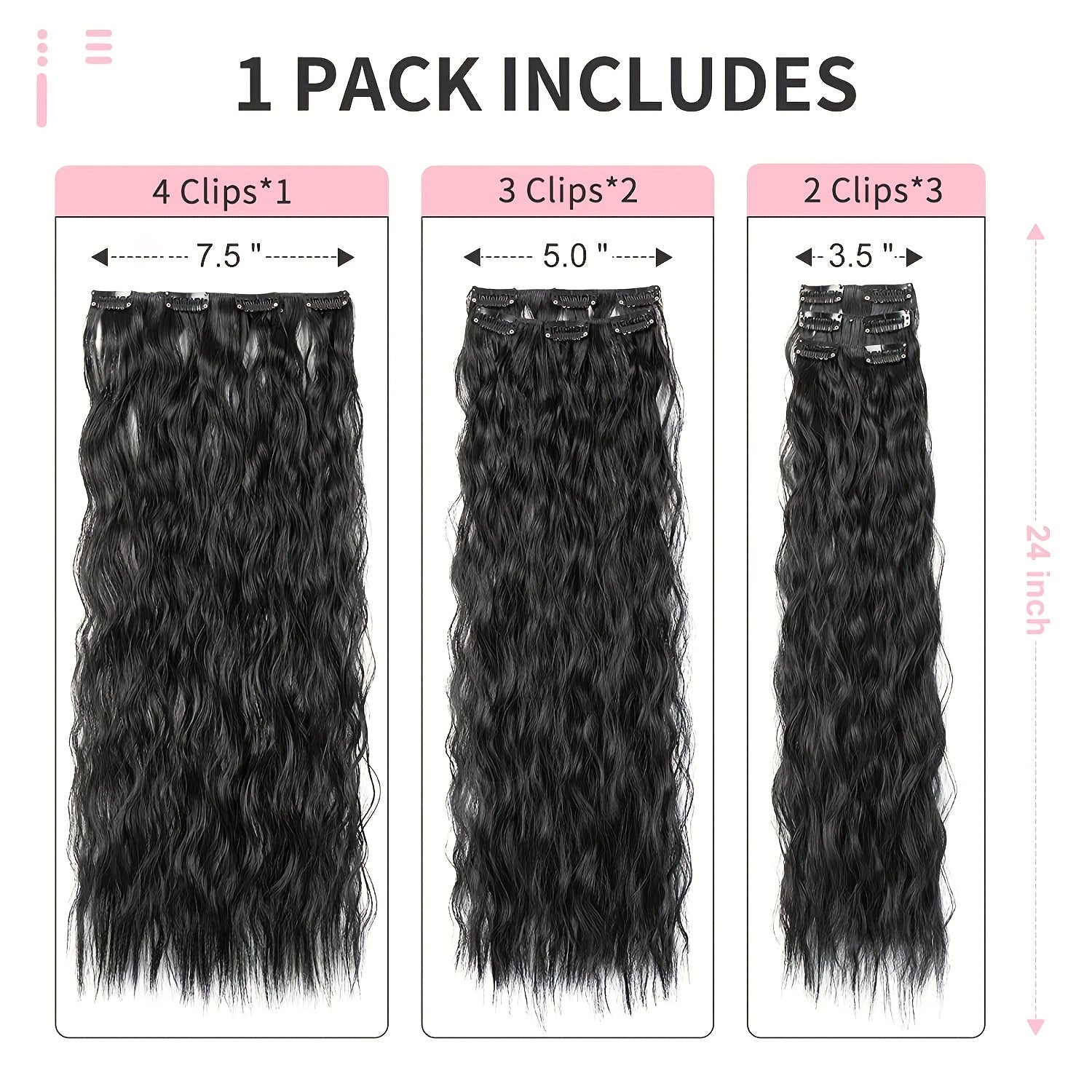 16 Thick Black Hair Clips for Synthetic Curls, Completely Soft And Invisible Fiber Hair Extensions, 24 Inches Long.