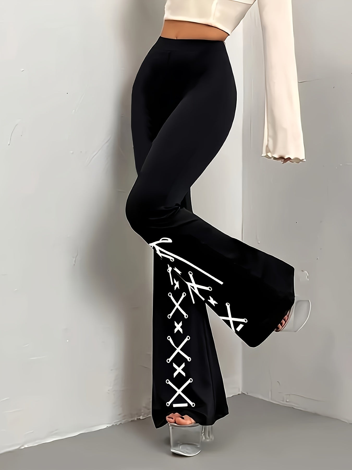 Women's Flared Pants | Black with White Lace-Up Design | Stretchy Polyester-Spandex Blend | Casual All-Season Wear | Machine Washable | Slim Fit Bell Bottoms for Everyday Style, Allseason Trousers | Stylish Casualwear | Comfo