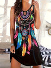Bohemian Midi Dress for Women, Colorful Print with Dreamcatcher and Ring Accents, Sleeveless Crew Neck, Polyester Knit Fabric, Regular Fit, Spring/Summer/Fall Collection