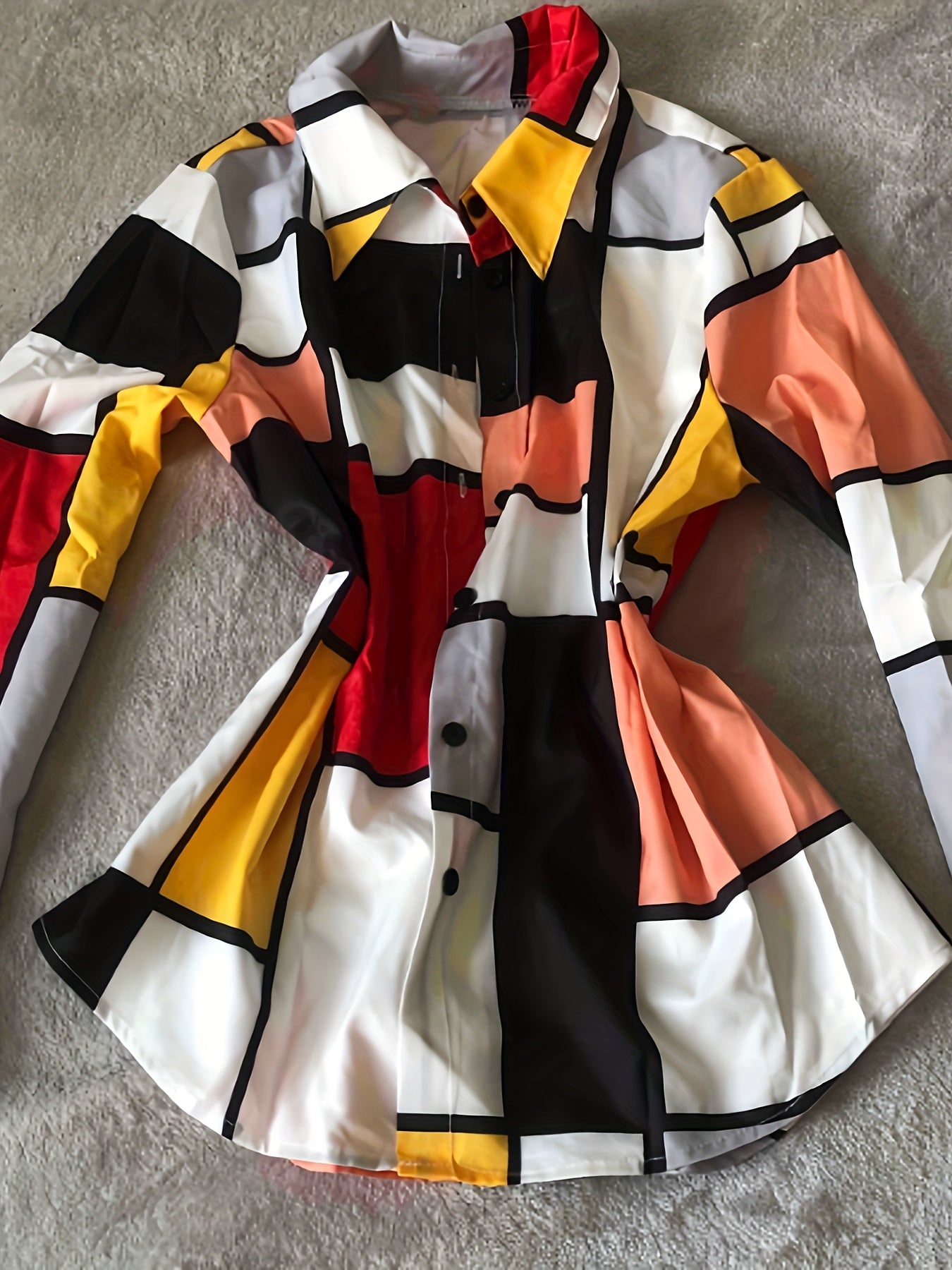 Color Block Button Up Shirt, Elegant Long Sleeve Collared Shirt For Spring & Fall, Women's Clothing