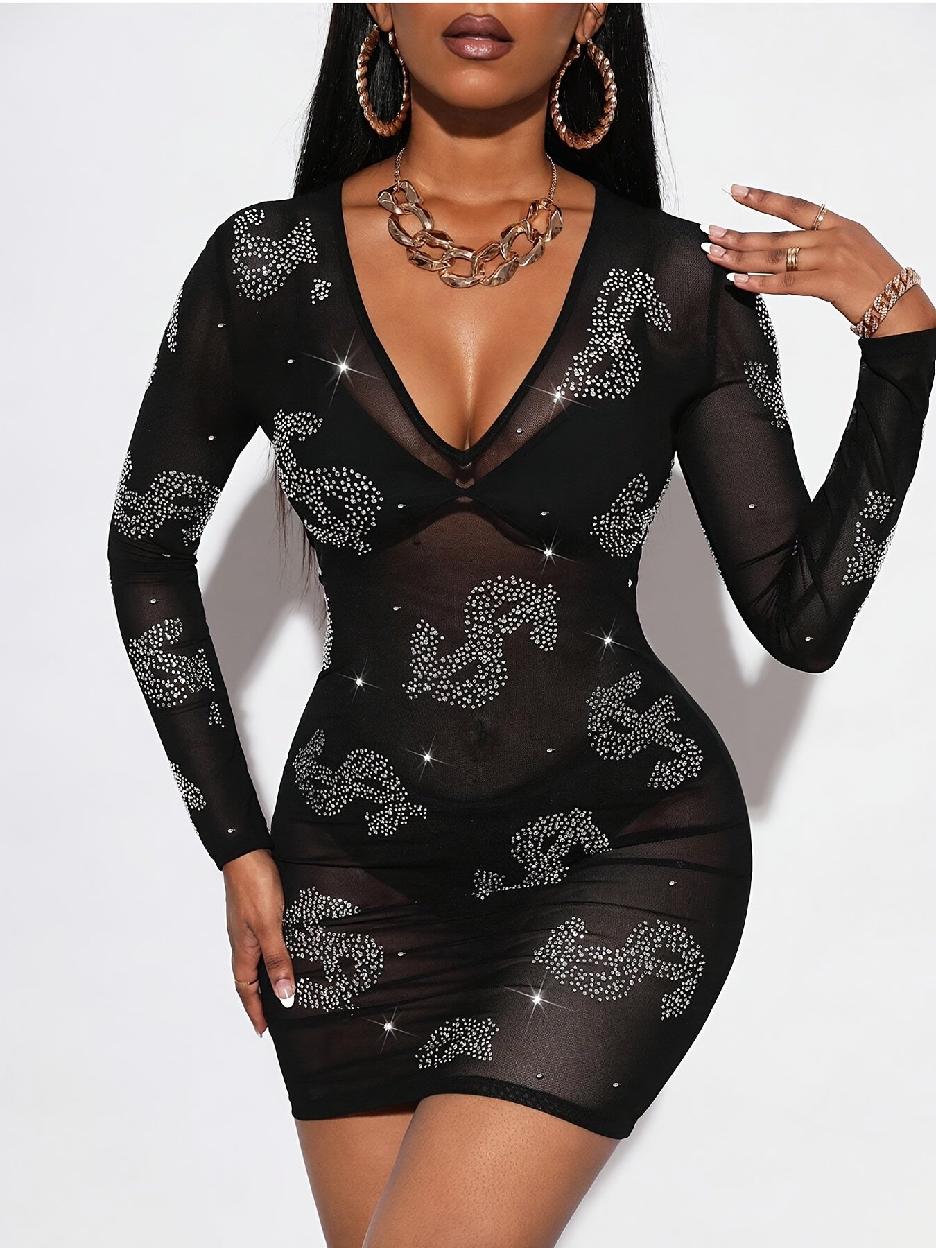 [Sexy Rhinestone Bodycon Dress] Rhinestone Mesh Bodycon Dress - No Bra Set, Sexy Dollar Pattern