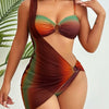 Vacation Style Ethnic Style Brown Gradient Print Single Shoulder Asymmetrical Mesh Skirt Tube Top Separated Bikini Three Piece Set