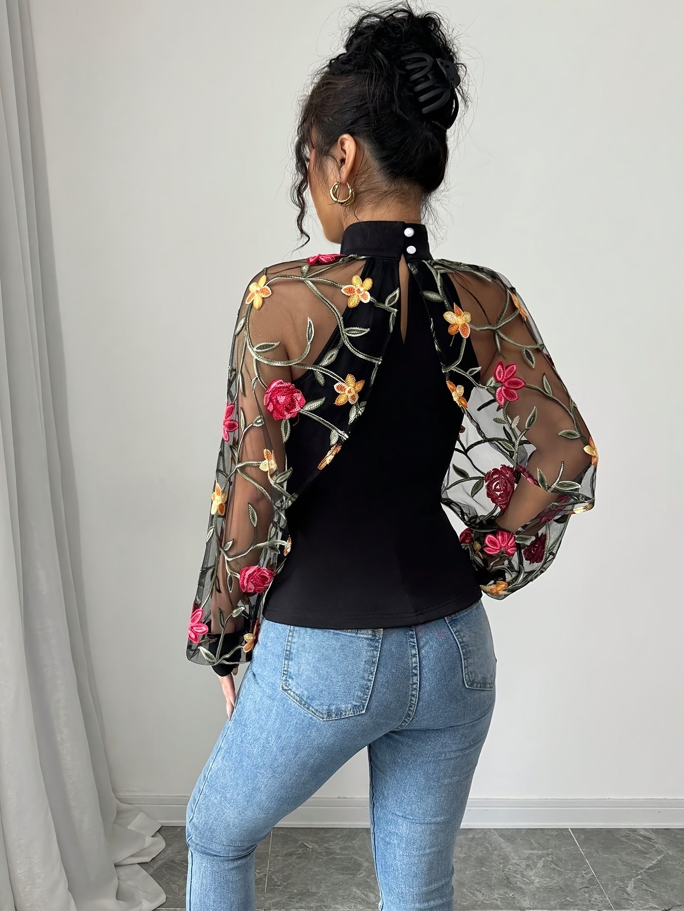 Women's Elegant Rose Embroidered Long Sleeve Blouse with Black & Pink Floral Contrast, Sheer Mesh Panels - Machine Washable Spring/Summer Top for Casual & Formal Wear, Delicate Fabric Top, Floral Print Blouse