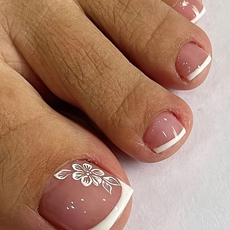 96pcs Pink Tones Short Square Press-On Toenails - Glossy Flower Patterned Fake Toe Nails with Reusable Storage Box for Women And Girls, French Design Summer Nail Art Kit |Bride Nails |Wedding Nails