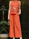 Women'S Elegant Summer Embroidered Jumpsuit - Vibrant Orange, Sleeveless with Floral & Butterfly Design, Wide-Leg Pants, Casual Attire for Spring/Summer, Casual Attire|Butterfly Embroidery|Elegant Jumpsuit