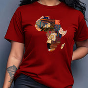 Women's African-Inspired Patchwork Print Casual Short Sleeve T-Shirt - Vibrant Red Round Neck Top with Cultural Motifs, Medium Stretch & Machine Washable for Spring/Summer, Casual Attire, Comfortable Fabric