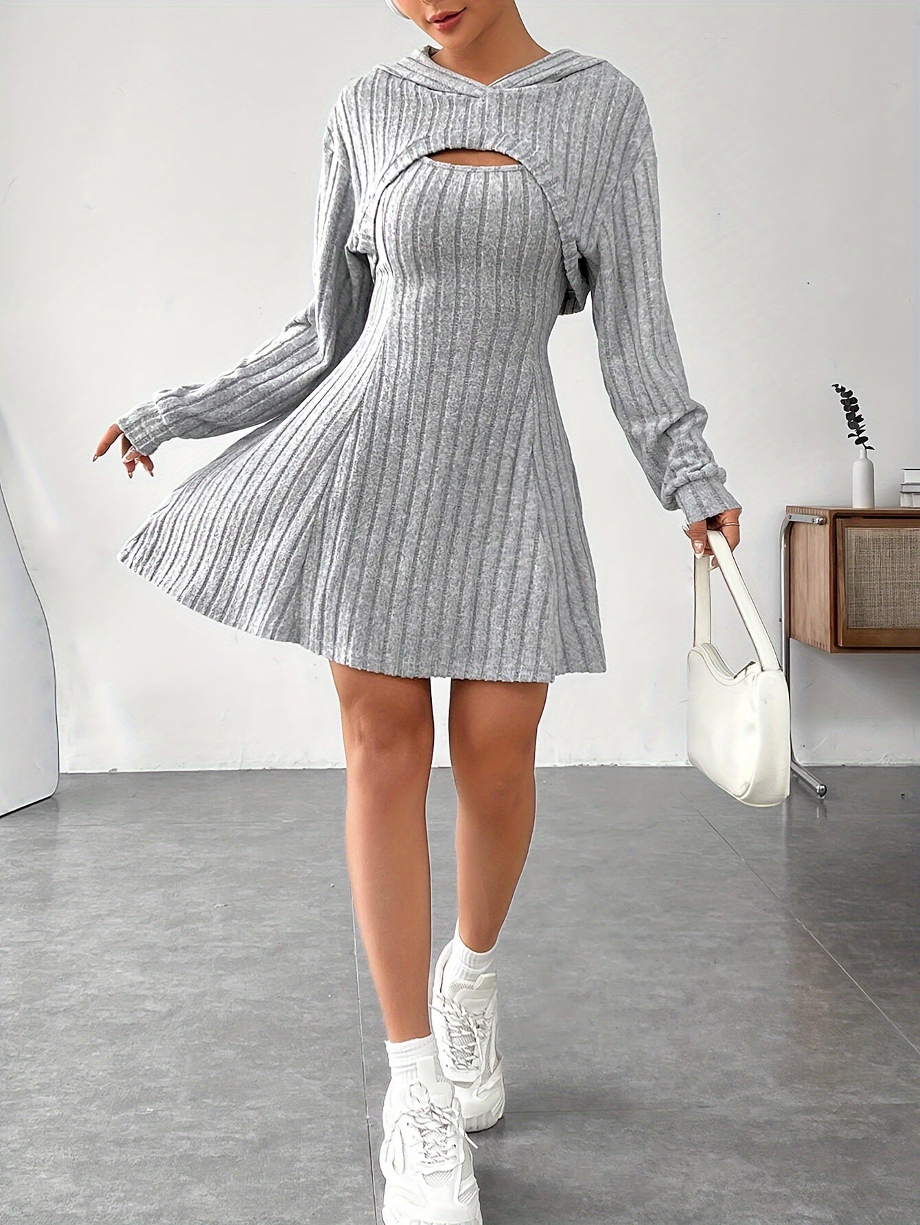 2pcs Set Women'S Solid Color Hooded Long Sleeve Mini Dress and Top, Casual Knit Polyester 100% Vacation Style, Spring/Fall Collection