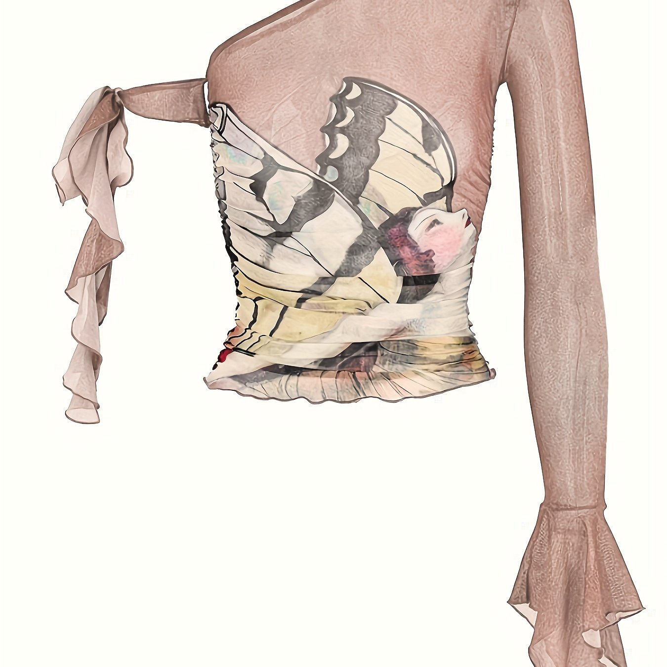 Figure Print Ruffle Trim Asymmetric T-shirt, Y2K Sheer Mesh Long Sleeve Top, Women's Clothing