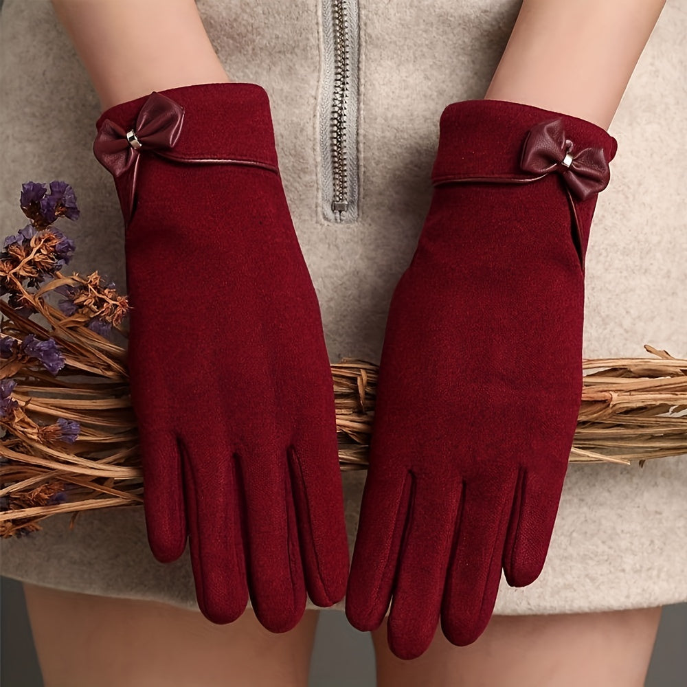 Winter Velvet-Lined Touchscreen-Compatible Wrist-Length Mitts with Chic Bow Accent for Women, Suitable for Ages 15+, 100% Acrylic, Woven