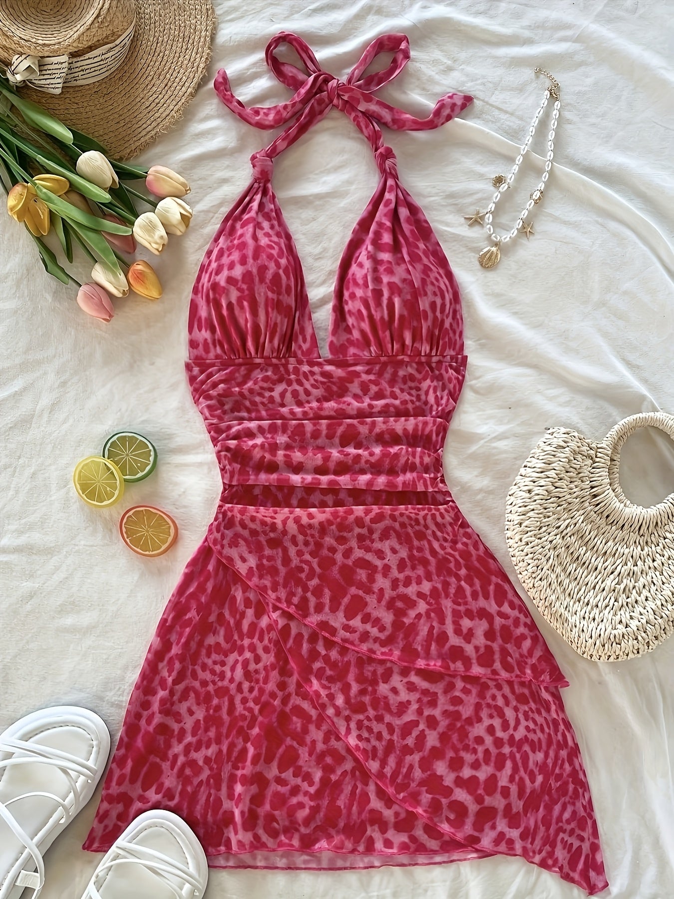 Women's Summer Sleeveless V-Neck Leopard Print Dress - Lightweight Semi-Sheer Ruffled Hem, Machine Washable Stretchy Spaghetti Strap Casual to Evening Outfit