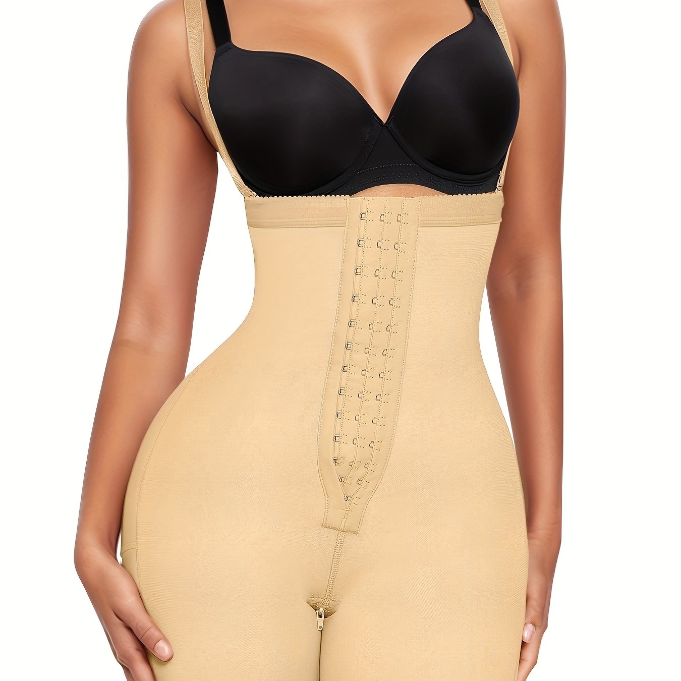 Women's Plus Size Tummy Control Shapewear Bodysuit with Zipper, Lace Detailing & Open Crotch Design - Black, High Stretch, Slimming Waist Cincher for All-Day Support, Body Shaping Wear | Lace Trimmed Shapewear | Hookandeye De