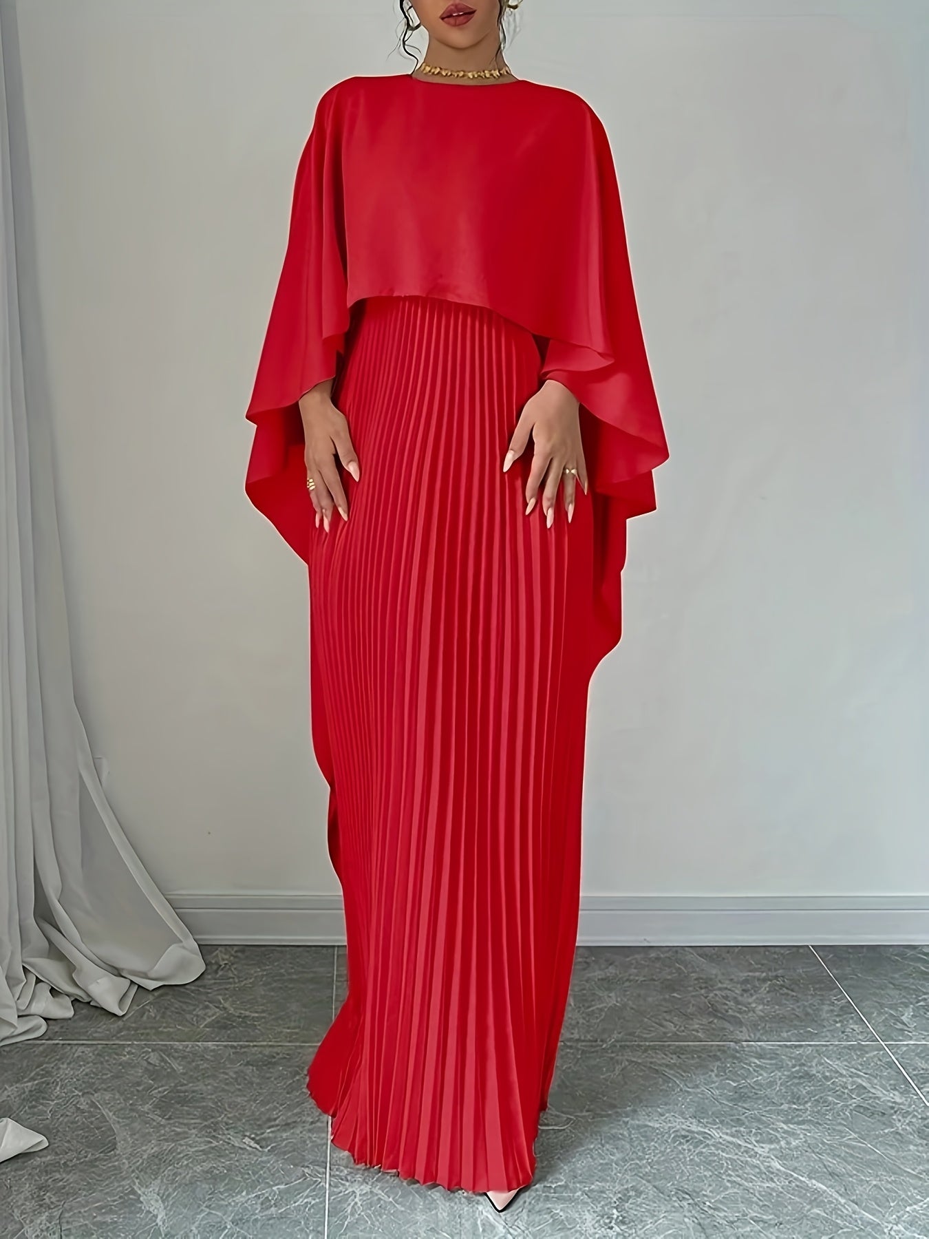 Flowing Long Skirt Elegant Solid Color Pleated Dress with Faux Two-Piece Design, Suitable for Banquets