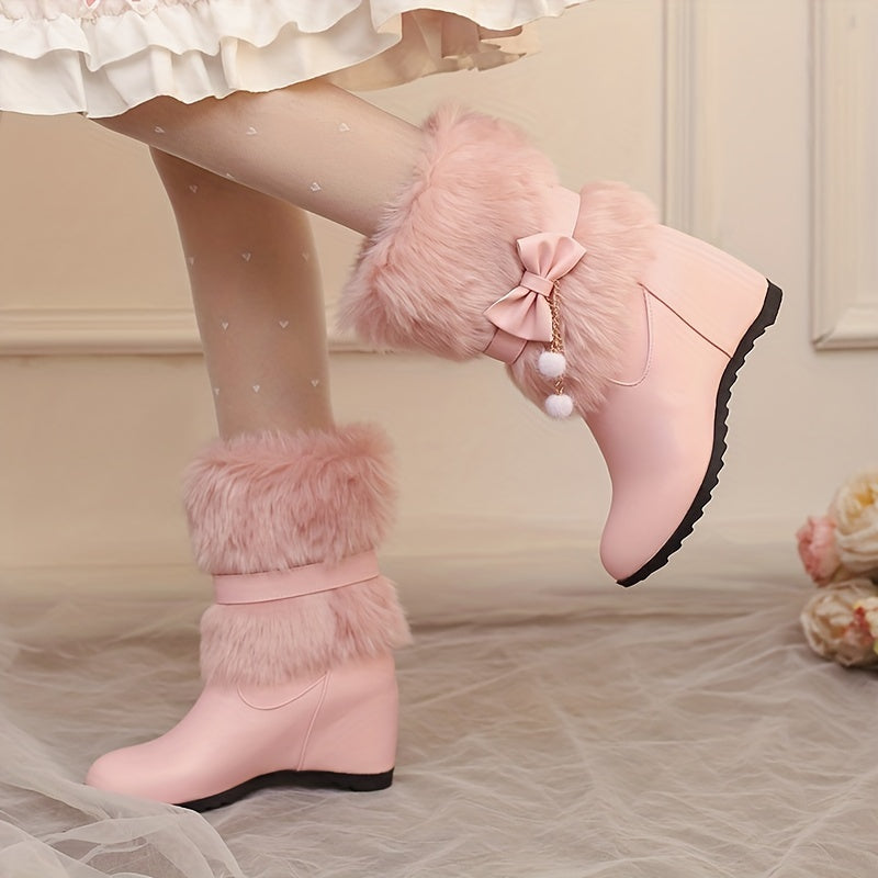 Women's Autumn and Winter Fashion Elegant Sweet College Princess Bow Artificial Ball Tassel One-Shoulder Boots, Mary Jane Solid Color Fluffy Faux Fur Wedge Heels, Multifunctional Outdoor Casual Comfortable Warm High Heel Shoe