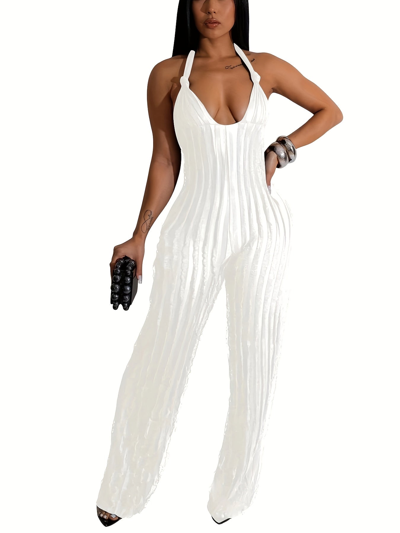 Royal Blue Halter Neck Jumpsuit for Women - Sexy Backless Pleated Wide Leg Romper, Boho Style, Deep V-Neck, Sleeveless, Machine Washable, Ladies Rompers And Jumpsuits