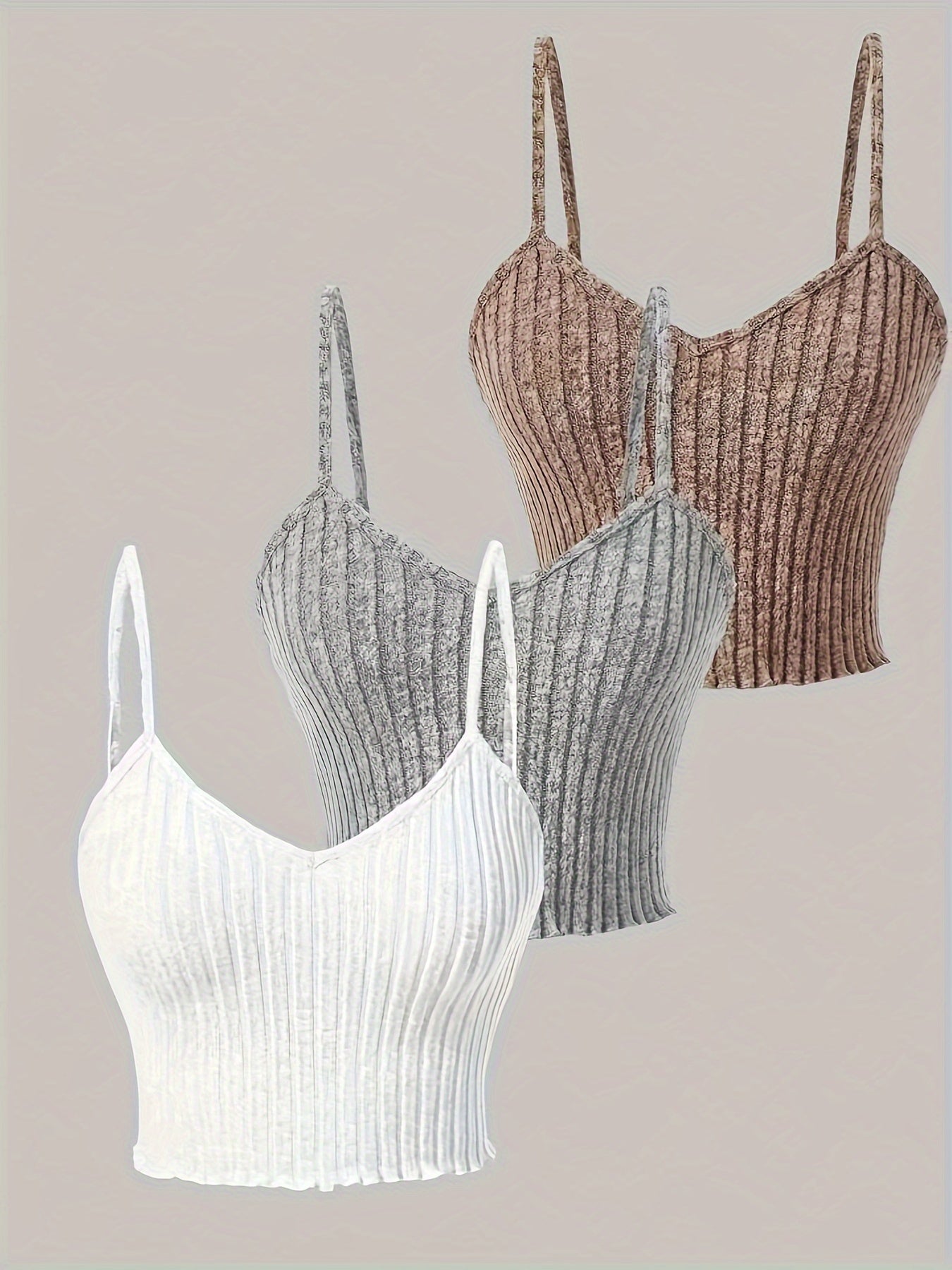 3pcs Ribbed Spaghetti Strap Tank Top, Casual Sleeveless Tank Top For Summer, Women's Clothing