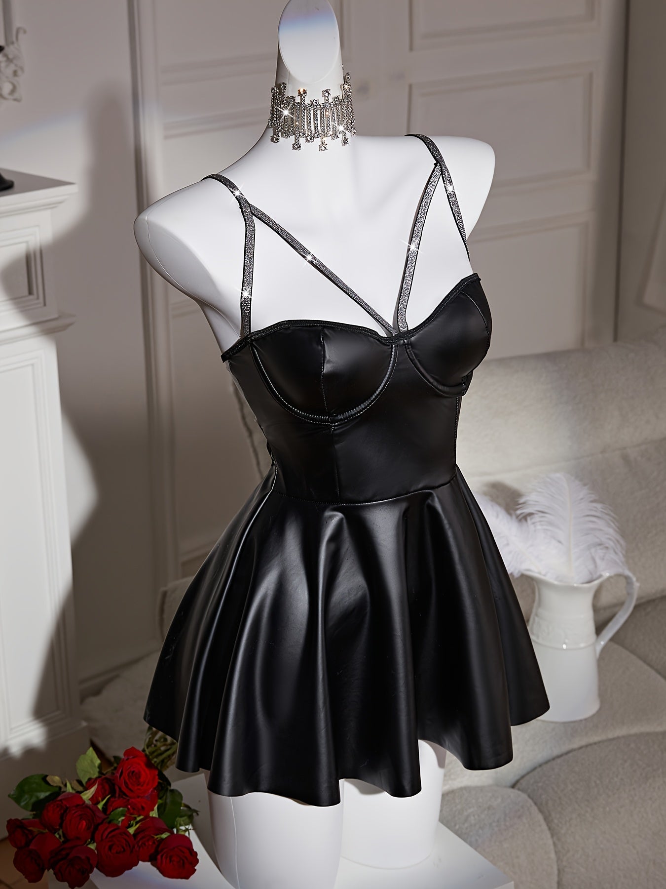 1pc Women's Party Style Backless PU Dress, Solid Color Knit Fabric Lash Set with 5.0% Elastane, Adult Polyester Outfit, Doll Style