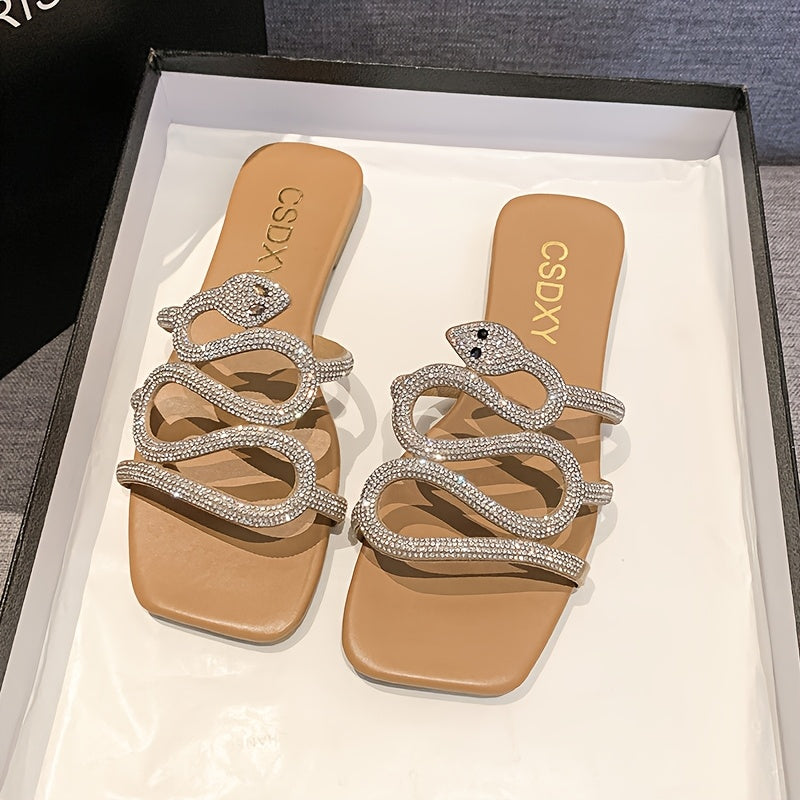 Women’s Snake Pattern Rhinestone Slide Sandals - Elegant Flat Summer Shoes, Non-Slip PU Cover, Open Toe, Stylish Beach & Party Wear, Ladies Sandals