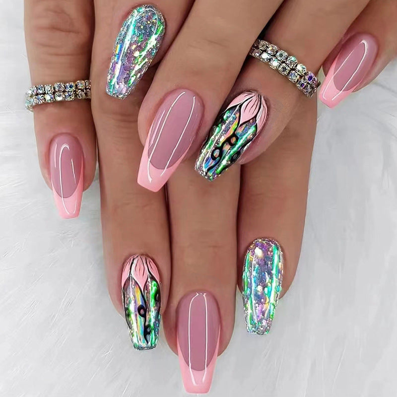 96PCS (4pcs) False Nail Stickers, French Flash Simple and Fashionable Solid Color False Nails for Manicure and Medium and Long Length European and American Flash French Manicure Pink and Sweet Flower Wearing Nails