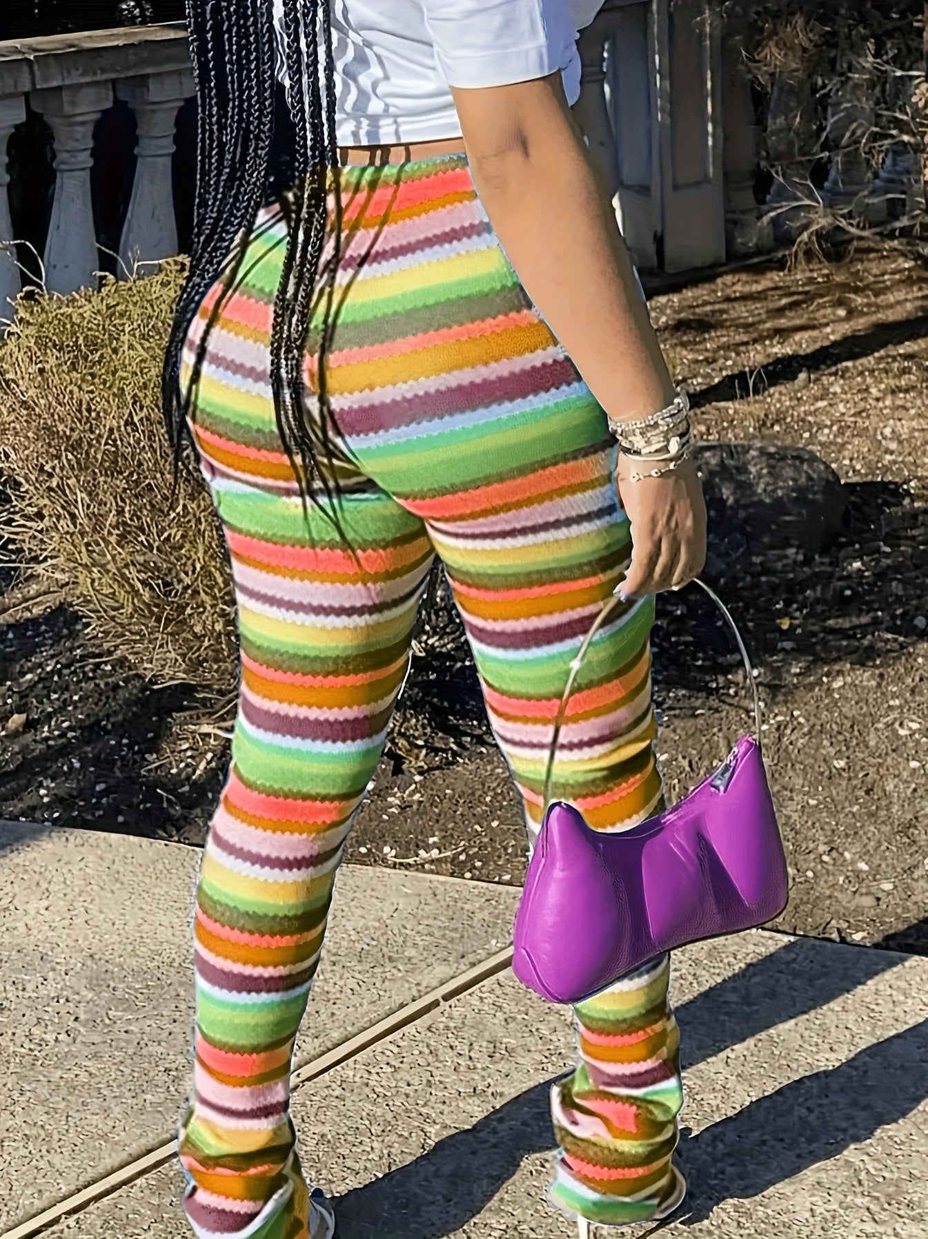 Colorful Striped Skinny Pants - Y2K High Waist Every Day Stretchy Pants - Women's Clothing - Stretchy Fabric - For Casual Wear - Perfect Gift for Fashionable Women