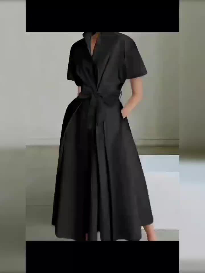 Elegant Women's Short Sleeve Shirt Dress - Solid Color, Polyester, Buttoned, Woven, Spring/Summer Collection, Adult, A-Line