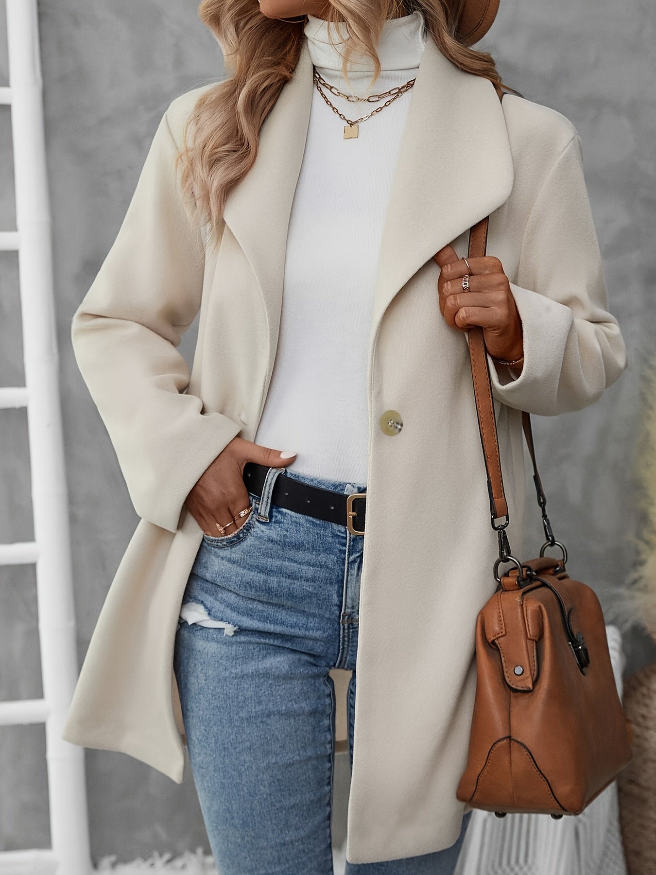 Elegant Women's Solid Color Blazer with Large Lapel - Long Sleeve, Open Front, Machine Washable - Perfect for Fall/Winter, Fleece, M9306