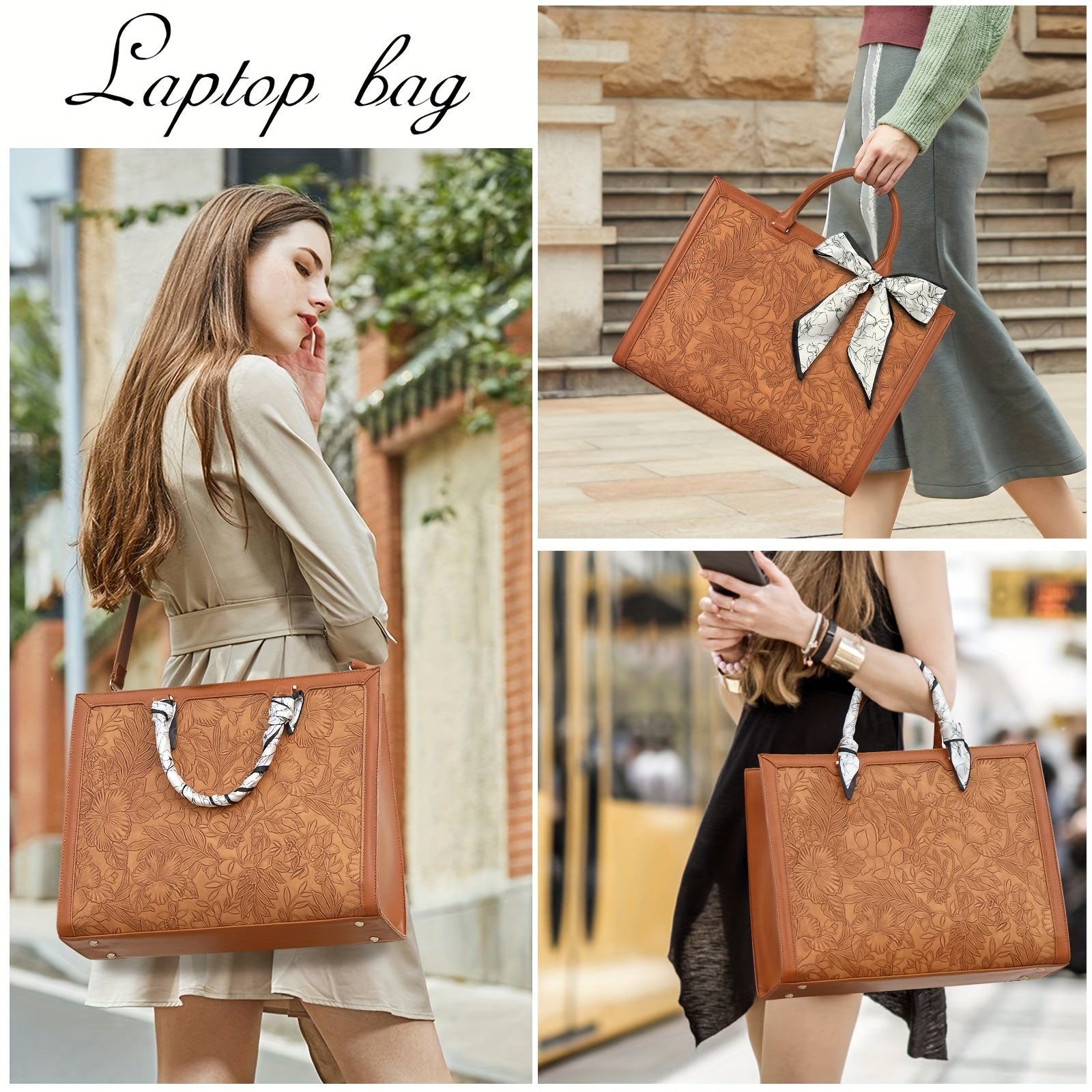NEWHEY Women's Laptop Briefcase 15.6-inch Laptop Tote High Quality Computer Handbag Business Lightweight Office Briefcase Large Capacity Tote Shoulder Bag with Scarf, Brown