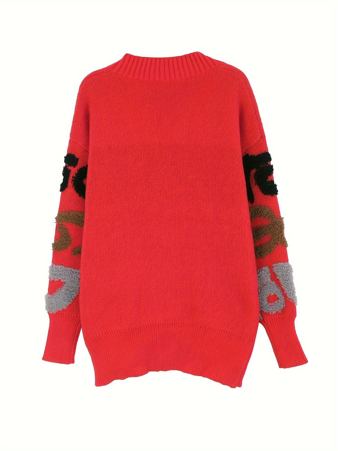 Letter Pattern Button Down Knit Cardigan, Casual Long Sleeve Loose Sweater Outwear, Women's Clothing
