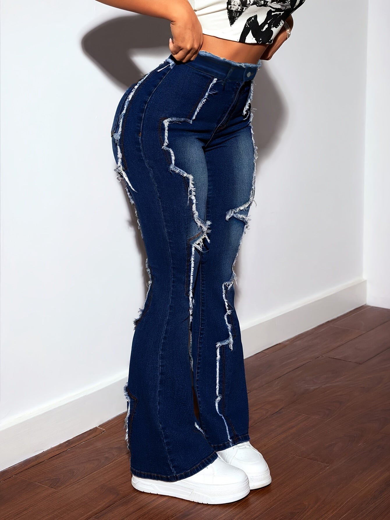 Women's High-Waisted Flared Jeans - Mid-Stretch Denim Pants with Details, Dark Blue Flattering Fit, 73% Viscose Blend, All-Season Comfort & Versatile Casual Wear