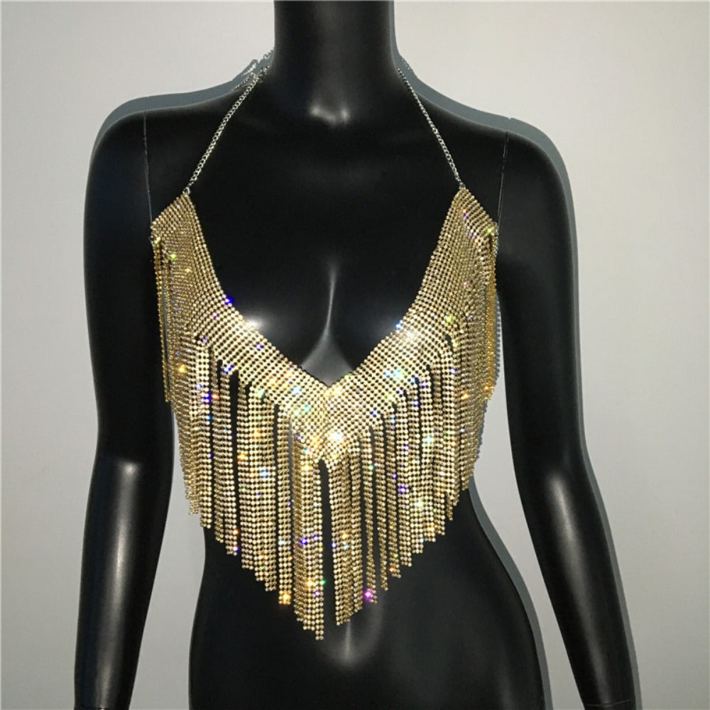 Glamorous Golden-Tone Rhinestone Tassel Necklace - Luxurious Alloy Crop Top with Sparkling Fringe Detail, Perfect for Parties & Celebrations