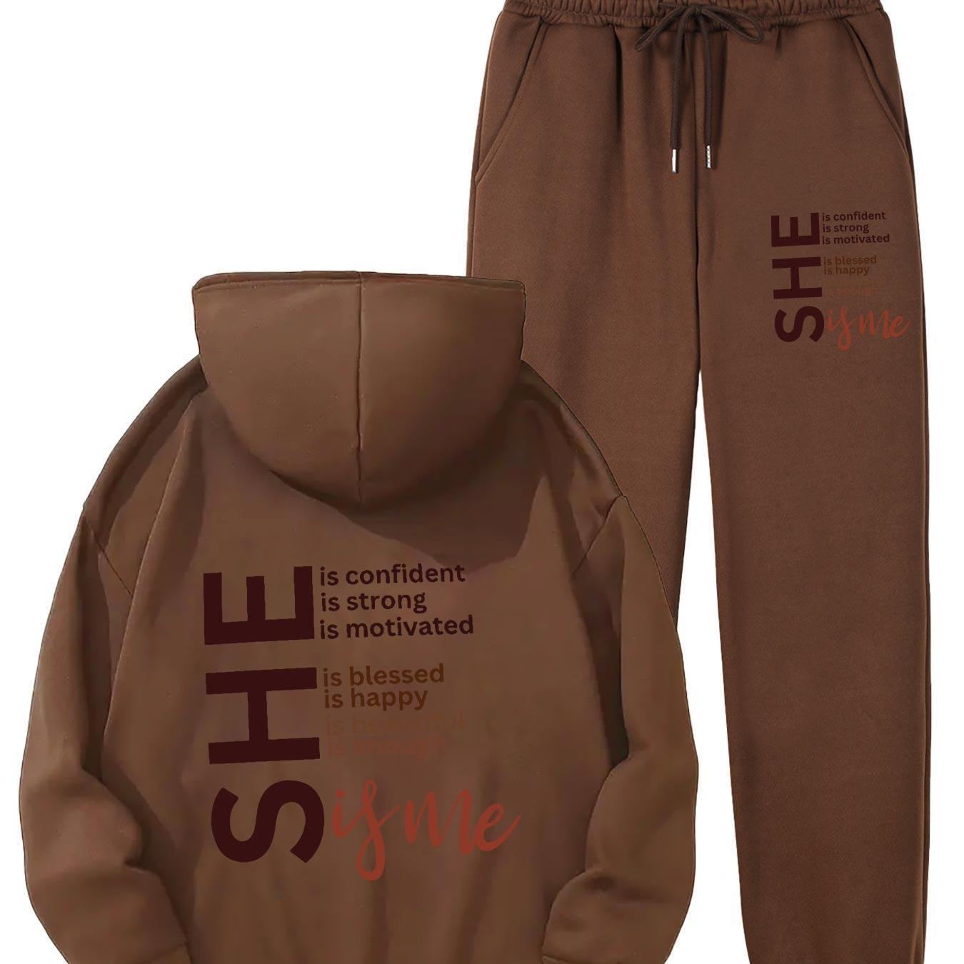 Cozy Fleece-Lined Women's Hoodie & Sweatpants Set with Letter Print - Machine Washable, Pocket Detail, Polyester