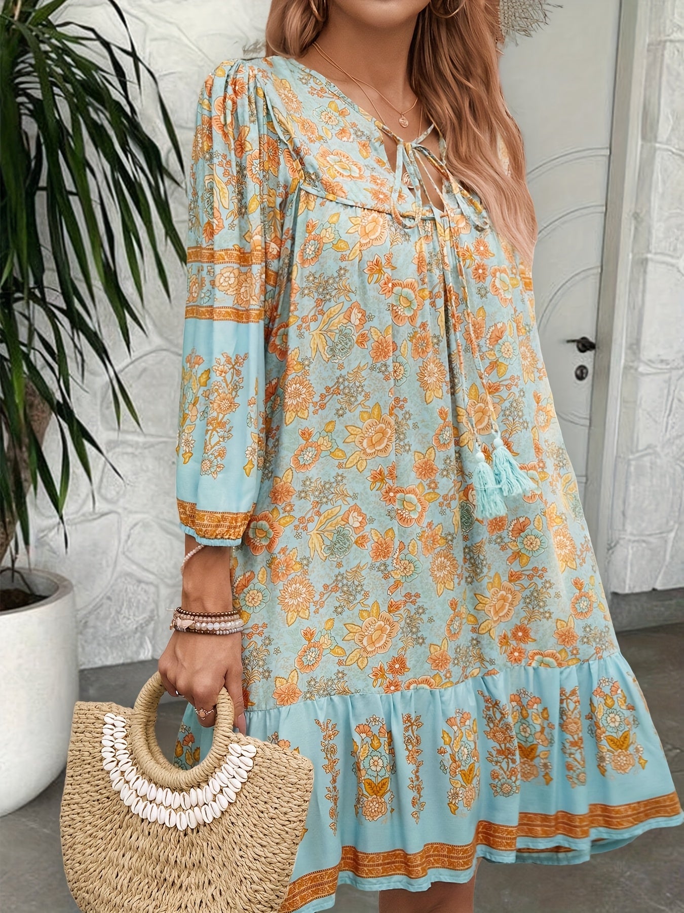 Plus Size Women'S Floral Print Tie Neck Ruffle Hem Loose Casual Spring And Summer Outing Dress
