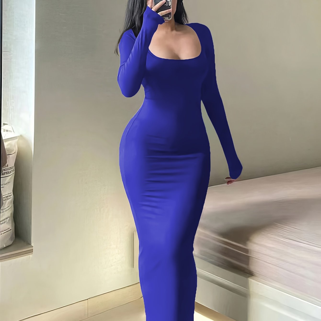 [Sexy Autumn Dress] Ultra-Long Women's Autumn Dress - Form-Fitting, A-Line Silhouette, Long Sleeves, Square Neckline, And a Sexy, Tailored Fit