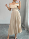 Elegant Off-Shoulder Beige Maxi Dress with Ruched Detail - Perfect for Adult Women, All-Season Fashion, Strapless, A-Line Silhouette, Elegant Attire|Ruched Detail Dress|Strapless Design