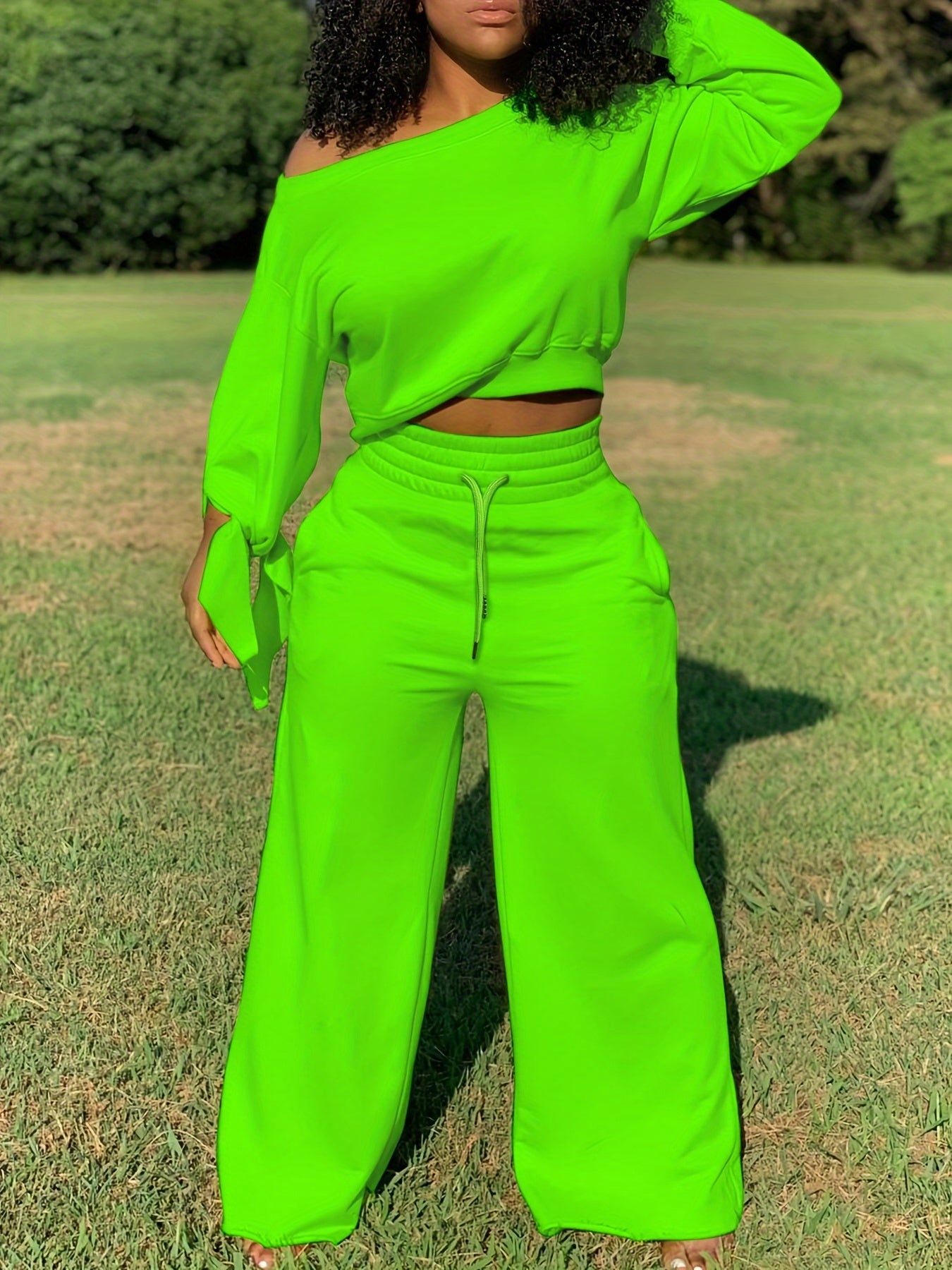 Solid Casual Two-piece Set, Slanted Shoulder Long Sleeve Tops & Drawstring Pants Outfits, Women's Clothing