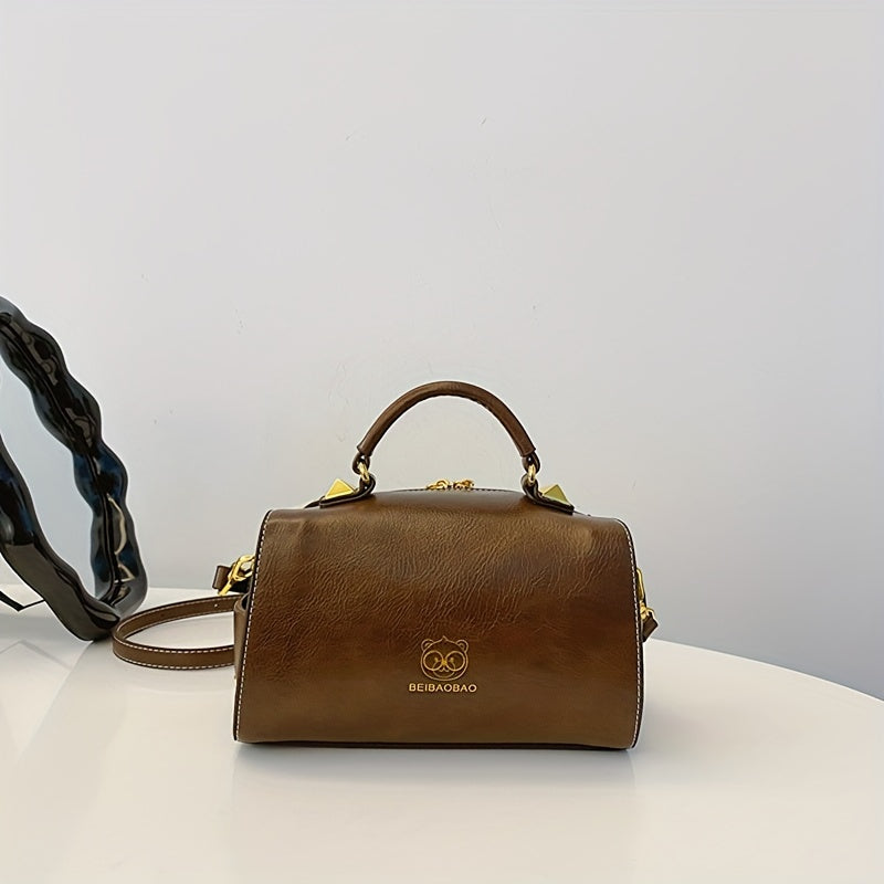 Vintage Cartoon Bear Print PU Leather Shoulder Bag with Embroidered Detail, Removable Strap, Zipper Closure, Polyester Lined, Animal Print Design, Edge Painted Boston Handbag