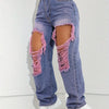 Women's High-Waisted Straight-Leg Denim Pants with Big Purple & Pink Holes - Edgy Boyfriend Style Casual Loose Fit for Spring Summer Fall, Machine Washable, High Waist Pants, Fall Fashion, Stylish Ripped Details